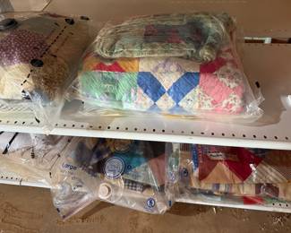 Vintage Quilts and quilt tops, large table cloths, 
Lace tablecloths