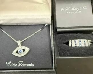 14kt Blue Sapphire Diamond Ring with Silver All SeeingEye Stone Pendant Chain