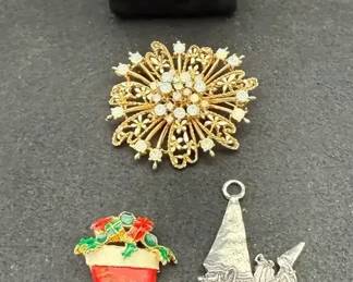 Vintage Pewter Gnome Ornament, Enamel Christmas Pin, Gold tone Starburst Pin and more