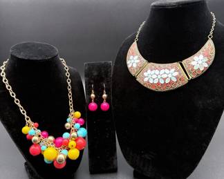 Tibetan Brass Necklace with Red Coral Mother of Pearl Inlay, Multicolor beaded gold tone necklace