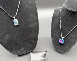2 Dichroic Glass Pendants with Black Braided Cords
