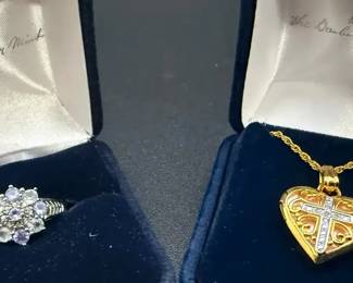 Danbury Mint Sterling Silver Ring 14kt Cross Swarovski Crystals Necklace w 14kt Chain