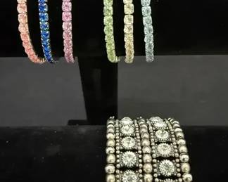 7 Costume Jewelry Bracelets Multicolored Clear Gemstones