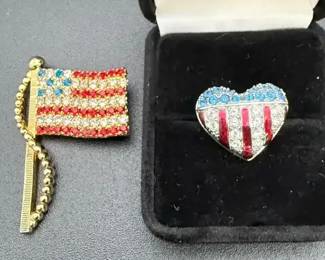 Swarovski American Flag Heart Pin Vintage Flag Broach