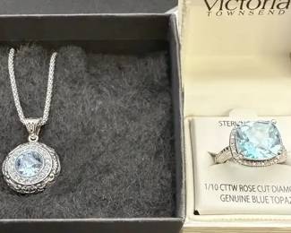 Sterling Silver Ring Necklace, Beautiful Blue Topaz