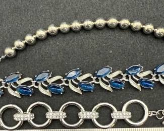 3 Bracelets Silver Tone Beaded, Blue Silvertone Leaves, Rhinestone Circles