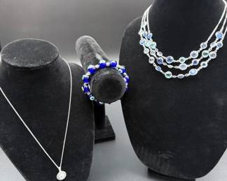 Liz Claiborne Blue Costume Necklace, Sterling Silver Marsala Blue Glass Bead Bracelet