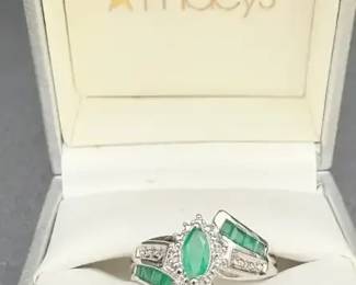 Emerald, Diamond Sterling Silver Ring In original Macys Box