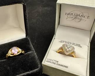 14kt Gold Plated Sterling Silver Diamond Ring, Gold Ring with Purple and Clear Stones