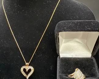 10kt Gold Diamond Necklace, Heart Pendant 10kt Gold Diamond Ring