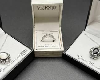 Sterling Silver Ring With Diamonds 2 Marcasite Onyx and Mother of Pearl Necklaces