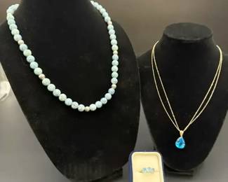 14kt Gold Chain with Blue Stone,14kt Gold Ring with Diamond Chip Blue Beaded Necklace Karla Jordan