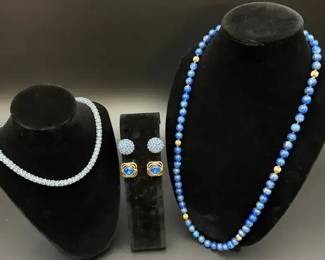 14kt Gold 30 Blue Lapis Lazuzli Beads, Swarovski Crystal, Topaz Blue Earrings, Monet Necklace,