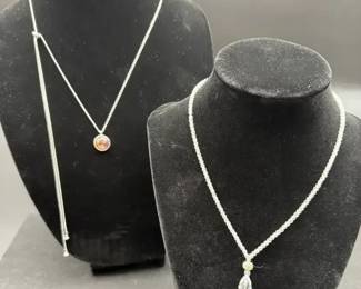 Silvertone Lariet Costume Necklace with Pink Tone Stone, Clear Teardrop Silvertone Necklace