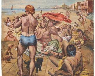 1129
Douglas Riseborough
(b. 1924)
Figures on a beach
Oil on unstretched canvas
Signed lower right: Riseborough
80" H x 75" W
Estimate: $1,000 - $1,500