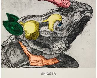 1083
John Baldessari
(1931-2020)
"Engravings with Sounds: Snigger," 2015
Archival inkjet print in colors on ultra smooth fine art paper
Edition: 47/50
Signed, dated, and numbered in pencil along the lower edge: Baldessari 15; Cirrus Editions, Los Angeles, pub., with their blindstamp in the lower left sheet corner; with the Cirrus Editions copyright ink stamp and pencil work number, 699c-JB15, both verso
Image/Sheet: 44" H x 49.5" W
Estimate: $2,000 - $3,000