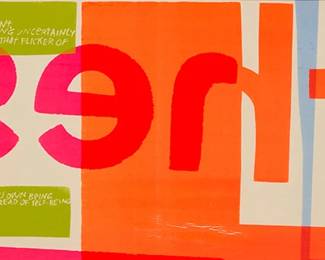 1026
Corita (Sister Mary) Kent
(1918-1986)
"Bread of Self Being," 1965
Screenprint in colors on handmade paper
From the edition of 100
Signed in ink lower right: Sister Mary Corita
Sight: 14.25" H x 34.75" W
Estimate: $800 - $1,200