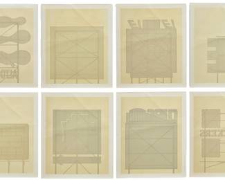 1032
Theo Wujcik
(1936-2014)
"Billboards" suite, 1970
The set of eight lithographs in colors on wove paper without watermark
Edition: 6/15 (there were also a few artist's proofs and color trial proofs)
Each work signed, numbered, and titled in pencil in the lower margin: Theo Wujcik, together with the pencil numbered colophon page and (presumably) the original interleaving tissues and gray paper folder/wrapper; all loose; Hollywood Annex, Detroit, MI, prntr. and pub., with their blindstamp in the lower margin of each of the eight image sheets
Image of each: 17" H x 14" W; Sheet of each: 19" H x 16" W
Estimate: $1,000 - $1,500
