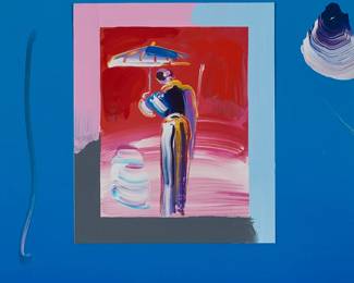 1133
Peter Max
(b. 1937)
"Sage with Umbrella and Cane," 2007
Offset lithograph in colors on paper with acrylic embellishments, mounted to acrylic on board, as issued
Signed lower center: Max; signed again, dated, inscribed "H [inside a heart] & Holly / Love / Max / 2007, and with an ink drawing of a woman's head, all on the frame's backing paper; titled on a gallery label affixed to the frame's backing paper
Sheet: 10.25" H x 10.5" W; Sight: 19.25" H x 15.25" W
Estimate: $2,000 - $3,000