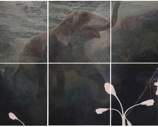 1119
Ruprecht von Kaufmann
(b. 1974)
Untitled, Elephant (six panels)
Each: Oil on panel
Unsigned; each work is numbered on the verso to correspond with the intended order of the panels
Each panel: 58.625" H x 58.625" W; Overall: 117.25" H x 175.875" W (approx.)
Estimate: $1,500 - $2,000
