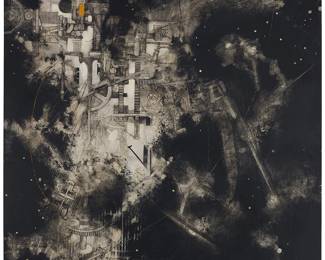 1150
Babak Emanuel
(b. 1966)
"Celestial Leap II"
Ink, paraffin, graphite drawing, and collage on canvas
Signed, titled, and inscribed "#EMAABY5363 II," all verso: Babak Emanuel
63" H x 53" W
Estimate: $3,000 - $5,000