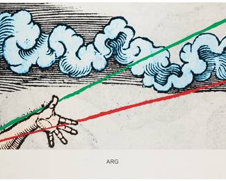 1082
John Baldessari
(1931-2020)
"Engravings with Sounds: Arg," 2015
Archival inkjet print in colors on ultra smooth fine art paper
Edition: 44/50
Signed, dated, and numbered in pencil along the lower edge: Baldessari 15; Cirrus Editions, Los Angeles, pub., with their blindstamp in the lower left sheet corner; with the Cirrus Editions pencil work number, 700c-JB15, verso
Image/Sheet: 43" H x 59.25" W
Estimate: $3,000 - $5,000