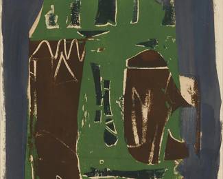 1106
Peter Lanyon
1918-1964
"Church Town, Zennor," 1948
Screenprint and gouache on wove paper
Edition: 1/7
Signed, dated, and numbered in ink directly below the image, in the lower margin, at right: Lanyon 48; signed, dated, and numbered again, and titled, all in ink on the verso
Image: 12.25" H x 10.25" W; Sheet: 14.875" H x 10.5" W
Estimate: $1,200 - $1,800