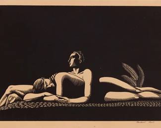 1105
Rockwell Kent
(1882-1971)
"The Lovers," 1928
Wood engraving on light-tan imitation Japan paper
From the edition of 100 (there was also a posthumous edition printed in blue on white Arches paper)
Signed in pencil in the lower margin, at right, directly below the image: Rockwell Kent; titled and inscribed in pencil, presumably in another hand, at the center of the lower margin edge: "Kent The Lovers"; E. Weyhe, Inc., New York, NY, pub.
Image: 6.5" H x 10" W; Sheet: 12.125" H x 15" W
Estimate: $1,500 - $2,000