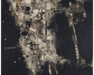 1149
Babak Emanuel
(b. 1966)
"Celestial Leap I"
Ink, paraffin, graphite drawing, and collage on canvas
Signed, titled, and inscribed "EMAABY5383 I," all verso: Babak Emanuel
63" H x 53" W
Estimate: $3,000 - $5,000