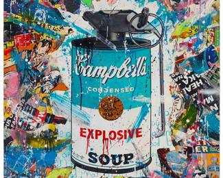 1012
Aiiroh
(b. 1987)
"Explosive Cyan," 2015
Acrylic and mixed media with paper collage, including poster and comic book collage, on aluminum
Signed, dated, and inscribed, all verso: AÏROH / 2015 P.U; titled by repute
59" H x 39.5" W
Estimate: $2,000 - $3,000