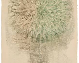 1031
Harry Bertoia
(1915-1978)
Untitled (dandelion), circa early 1960s
Monotype in colors on Japanese paper
Unsigned; inscribed verso, lower left: "section"
Image: 36.5" H x 22.5" W (approx.); Sheet: 39.25" H x 24.125" W
Estimate: $1,000 - $1,500