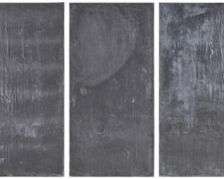 1121
Babak Emanuel
(b. 1966)
"Disharmonized Succession I, II, and III" (triptych)
Each: Embossed lead sheeting over panel
Each: Signed and titled in pencil, verso: B. Emanuel
46.5" H x 22.75" W x 3" D
Estimate: $1,500 - $2,000