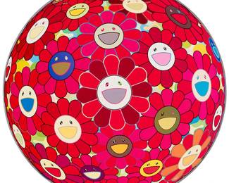 1002
Takashi Murakami
(b. 1962)
"Flowerball (3D) Red Cliff," 2010
Offset lithograph colors on paper
Edition: 208/300
Signed and numbered in silver ink, lower right: Takashi Murakami; with the printed title and dated along the lower edge, at center; Kaikai Kiki Co., Ltd., Tokyo, Japan, pub.
Image/Sheet: 28" Dia.
Estimate: $1,000 - $1,500