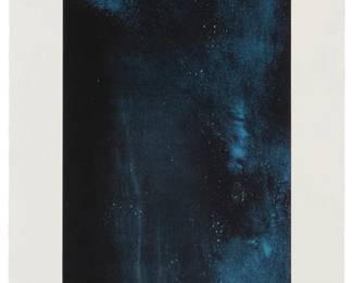 1075
Lita Albuquerque
(b. 1946)
"100 Breaths," 1998
Lithographic monoprint in colors on wove paper
Number 79 from the edition of 111 unique impressions
Signed, dated, and numbered in Roman numerals in pencil in the lower margin: Lita Albuquerque '98; Cirrus Editions, Los Angeles, CA, pub., with their blindstamp in the lower left margin corner; with the Cirrus Editions copyright ink stamp and pencil work number, 434c-LA89-98, both verso
Image: 45" H x 13" W; Sheet: 51" H x 19" W
Estimate: $1,500 - $2,500