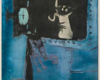 1038
Geoffrey Clarke
(1924-2014)
"Warrior II," 1956
Etching and aquatint in colors on sturdy wove paper
From the edition of unknown but presumably very small size
Unsigned; indistinctly inscribed in pencil in the lower left corner of the plate, possibly "2/ST" [as in 2nd state?]; titled and inscribed "D1 / 19364" in pencil on the verso of the upper right margin corner; alternatively titled "Warrior II (blue)" and dated on the gallery label affixed to the frame's backing board
Plate: 38.75" H x 24" W; Sheet: 42" H x 30" W
Estimate: $1,000 - $1,500
