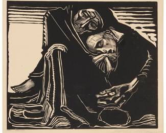 1104
Käthe Kollwitz
(1867-1945)
"Tod mit Frau im Schoss" (Death with a Woman in His Lap), 1921
Woodcut on wove paper
Edition: 130/150
Signed by the artist and printer and numbered in pencil in the lower margin: Kathe Kollwitz / F. Voigt
Image: 9.375" H x 11.25" W; Sheet: 12.875" H x 18" W
Estimate: $2,500 - $3,500
