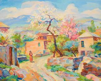1056
Mher Abeghyan
(1909-1994)
"Morning" (Byurakan), 1977
Oil on canvas
Signed in Armenian and dated lower left: M. Abeghyan. 1977; signed and dated again, and titled in Cyrillic, all verso
27.5" H x 35.5" W
Estimate: $4,000 - $6,000