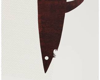 1087
Matthew Brannon
(b. 1971)
"Untitled (Red)," 2007
Lithograph and screenprint in colors on wove paper
A bon à tirer impression (aside from the edition of 50)
Signed, dated, and inscribed in pencil along the lower portion of the right sheet edge: B.A.T. Matthew Brannon 2008; Cirrus Editions Ltd., Los Angeles, pub., with their blindstamp in the lower left sheet corner; with the Cirrus Editions copyright ink stamp and pencil work number, 648c-MB07, verso
Image/Sheet: 44" H x 35" W
Estimate: $1,000 - $1,500