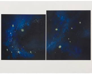 1077
Lita Albuquerque
(b. 1946)
"Island Universes II," 2002
Lithograph in colors on thick wove paper
A bon à tirer impression, aside from the edition of 55
Signed, dated, and inscribed in pencil in the lower margin: Lita Albuquerque 2002 / BAT; Cirrus Editions, Los Angeles, CA, pub., with their blindstamp in the lower left margin corner; with the Cirrus Editions copyright ink stamp and pencil work number, 622c-LA02, in pencil, both verso
Image: 19" H x 35.25" W (irreg.); Sheet: 27.5" H x 42.25" W
Estimate: $800 - $1,200