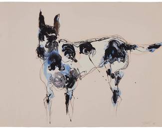 1113
Theodore Waddell
(b. 1941)
Portrait of Bauhaus standing, 1984
Oil and crayon on cream paper
Signed and dated in pencil, lower right: T Waddell 84
Sheet: 20" H x 26" W
Estimate: $2,000 - $3,000