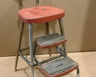 Vintage Red Vinyl Step Stool Chair Combo