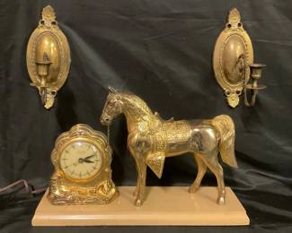 Vintage GoldToned Horse Clock  Wall Sconce Candle Holders 
