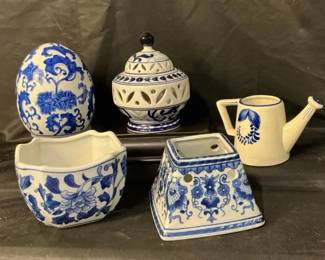 Five Piece Chinese Inspired Blue White Decor