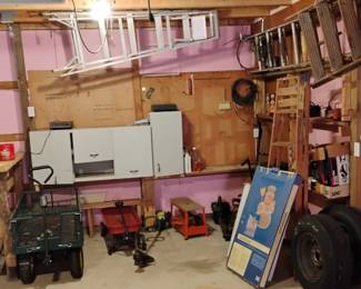 Utility Wagon, Red Wagon, Ladders, Outdoor Christmas Lightup Decorations. Tires with Trailer.