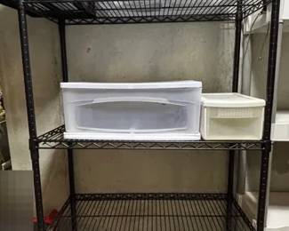 Black Metal Shelving Unit Woth Plastic Storage Drawers