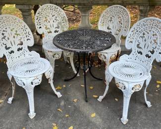 Four White Metal Patio Chairs Black Metal Patio Table