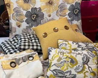 Four Yellow, Grey, Black, White Floral Curtains, Various Pillows