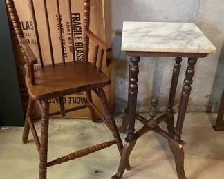 Vintage Marble Top Wood Table, Vintage Wood Highchair