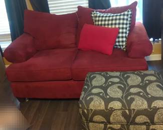 Red Sofa With Grey Paisley Ottoman