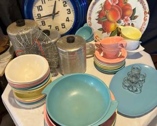 Vintage Boontonware , Aluminum Canisters, Metal Tray, Clock